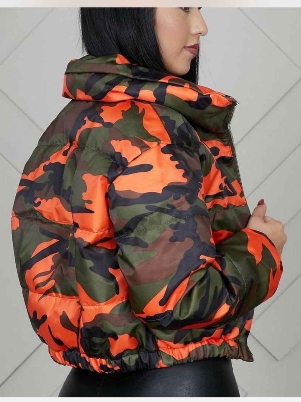 Azalea Wang Orange Camo Puffer Jacket - Women's Short Quilted Coat
